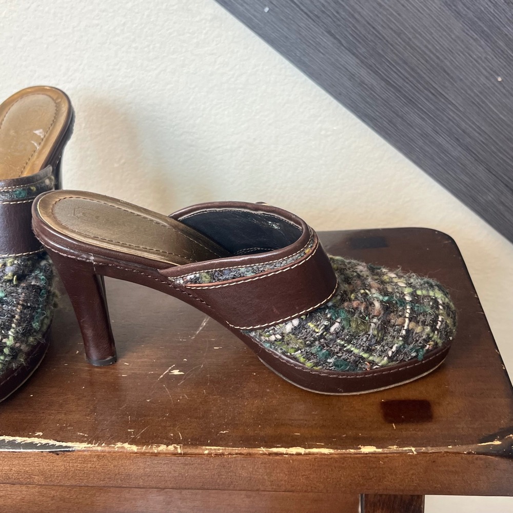 Coach Women's Tweed Mule Heels Brown Multicolor Buckle Slides Size 9B Y2K Chic - Picture 5 of 11